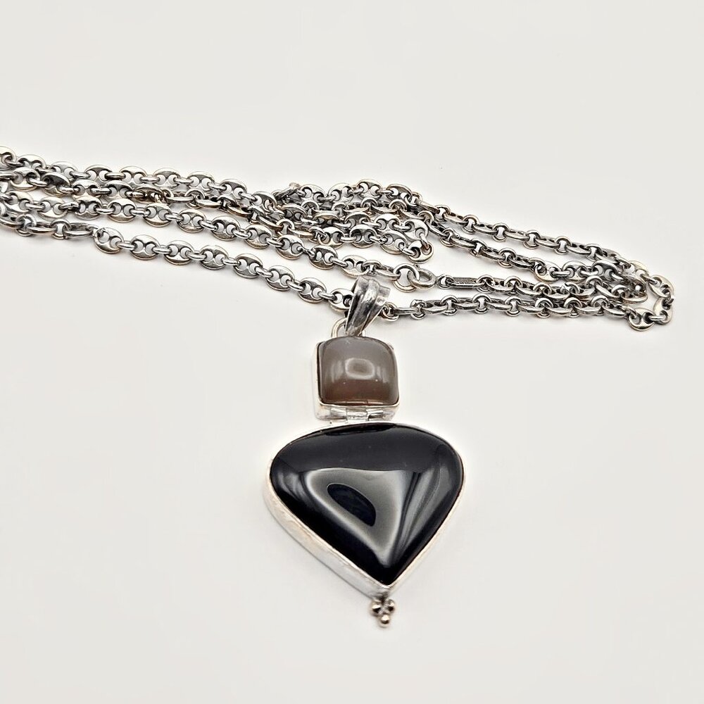 Black Onyx Heart Pendant - Sterling Hinged Pendant - Smokey Moonstone Pendant